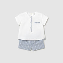 Conjunto pantalón corto y camisa con lino recién nacido azul claro