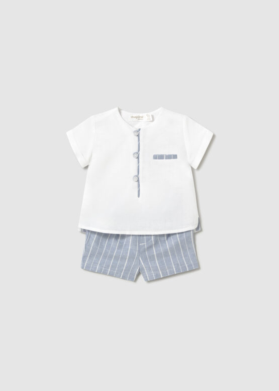 Conjunto pantalón corto y camisa con lino recién nacido azul claro