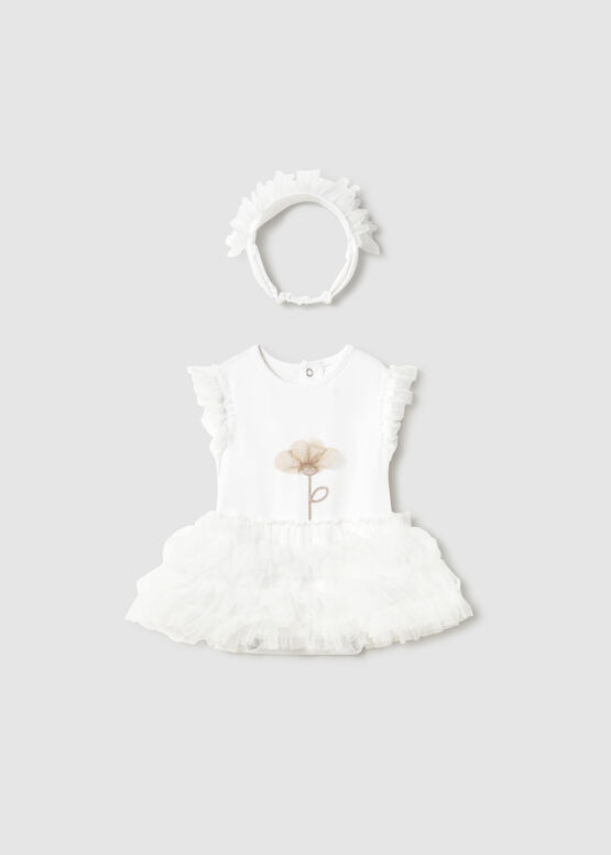Body tutú con diadema recién nacida blanco