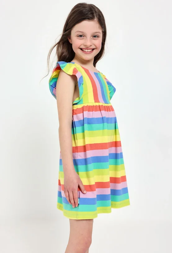 Vestido de punto para niña con estampado listado en multicolor