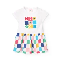Vestido de punto combinado de niña con diseño de cuadros en color blanco
