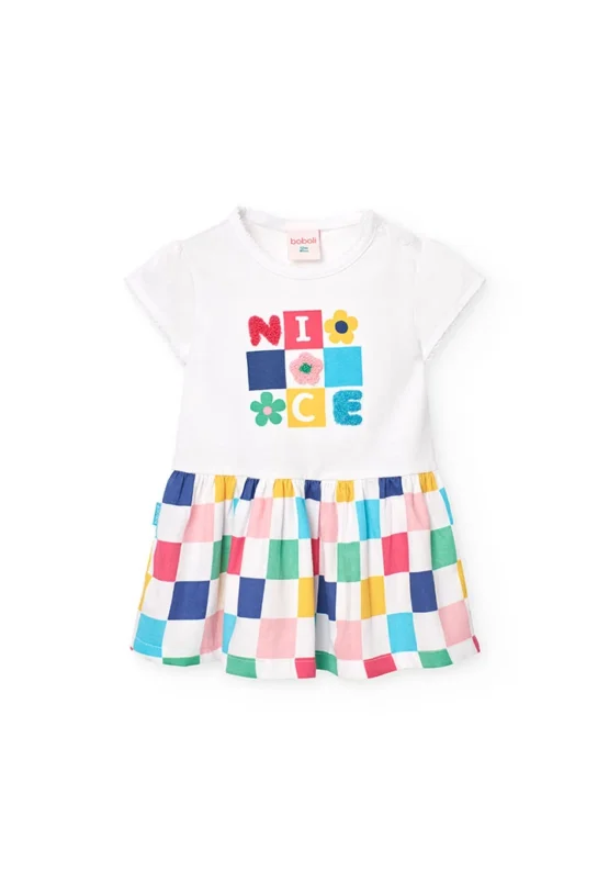 Vestido de punto combinado de niña con diseño de cuadros en color blanco
